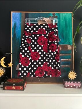 Kate Kasin Black Red Rose Polka Dot Pencil Skirt Size Small